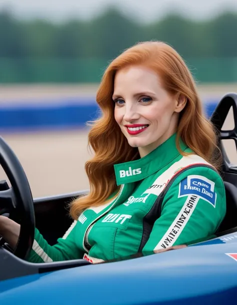 <lora:JessicaChastain:1> 1980 photo of 33 year old JessicaChastain, in poland, driving a F1 car over a circuit , soft lighting, tack sharp, 4k, dslr
