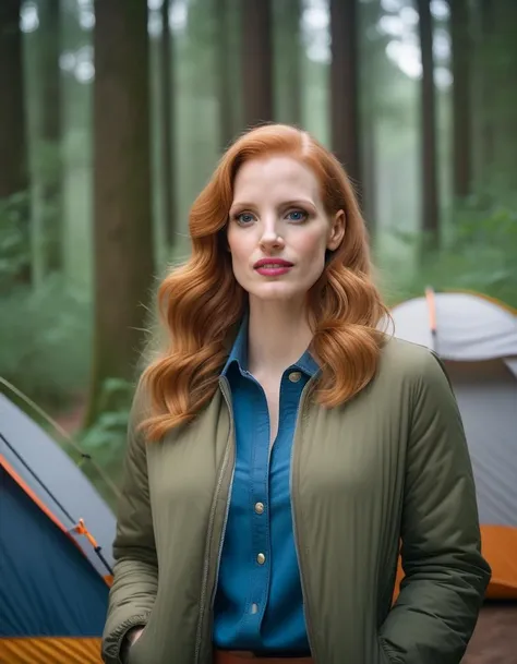 <lora:JessicaChastain:1> 1980 photo of 33 year old JessicaChastain, in france, camping in the woods , soft lighting, tack sharp, 4k, dslr