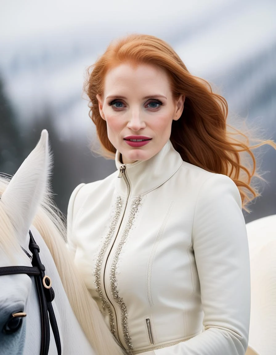 <lora:JessicaChastain:1> 2020 photo of 33 year old JessicaChastain, in danmark, riding a white horse through the snowy slopes , soft lighting, tack sharp, 4k, dslr