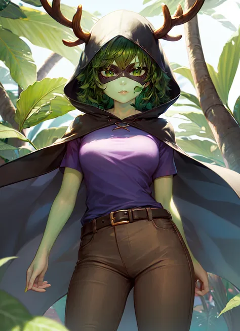 ((best quality)), ((highly detailed)), masterpiece, absurdres, detailed face, beautiful face, (detailed eyes, deep eyes), (1girl), Forced Perspective, dynamic pose, cowboy shot, <lora:hairdetailer:.7>, <lora:HuntressWizard:.75>, athw, green hair, ((leaf)), green sclera, green eyes, <lora:coloredSkin:0.35>, (colored skin, green skin), antlers, medium breasts, ((domino mask)), cape, long cape, (hood), black cape, (purple shirt), short sleeves, pants, ((brown pants)), belt, knee boots, lace-up boots, black footwear, (outside, in a wild west town, noon)