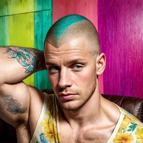 Watercolor painting, (vibrant watercolor with detail inked lines), 1boy, handsome rough Mancunian thug, hand on own head, looking at viewer, green and yellow floral panties, (skinhead), (blush), detailed eyes, (pink living room background) highly detailed, beautiful stunning masterpiece, virile, intense,
BREAK
(Vibrant, vivid colours, beautiful, textural, artistic), beautiful, painterly, detailed, textural, artistic