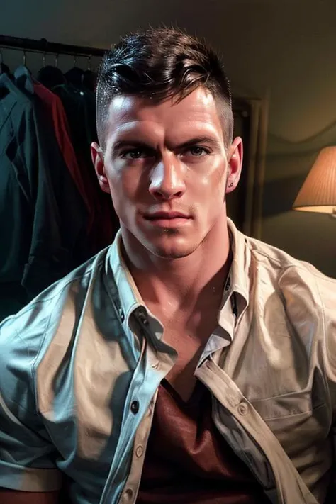 Sexy man wearing only an open jacket, showing naked body and flaccid penis.