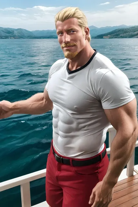 smiling sheamus with shades, in tight shiny white speedos, hands on the edge of the pool, getting out of the water.