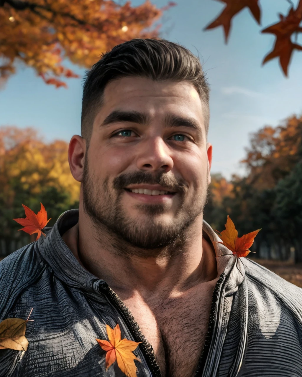 <lora:more_details:0.9> absurdres, sharp focus, hires photo, professional portrait shot, 30yo (solo, male), masculine, powerful, square jaw, detailed green-grey eyes, beefy, ((thick, muscular neck)), shoulders, suggestive smile, parted lips, fade haircut, mustache:.6, low depth of field, autumn leaves background, golden light, looking at viewer