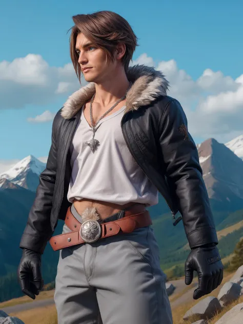 squall, scar, necklace, black jacket, fur trim, white t-shirt, black pants, black gloves <lora:squall-nvwls-v1:1> , grey mountains background, ashes,
