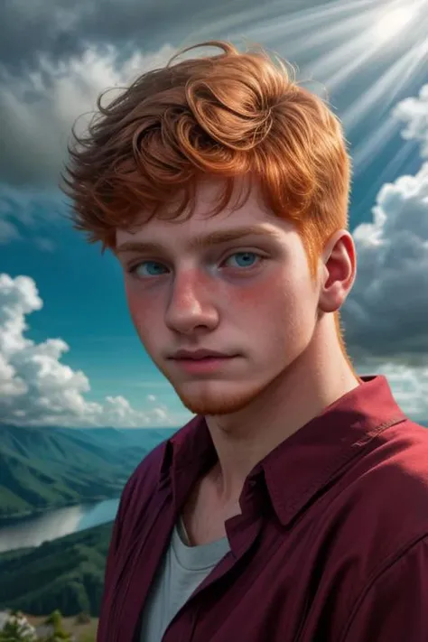 terrified, A photograph, a 18yo dg_Finn boy, ginger facial stubble, <lora:dg_Finn_v1:0.8>, (in clouds), natural light, sharp focus, vivid colours, skin texture, unbuttoned shirt, photorealistic, hyperdetailed, <lora:lcm-lora-sdv1-5:1>