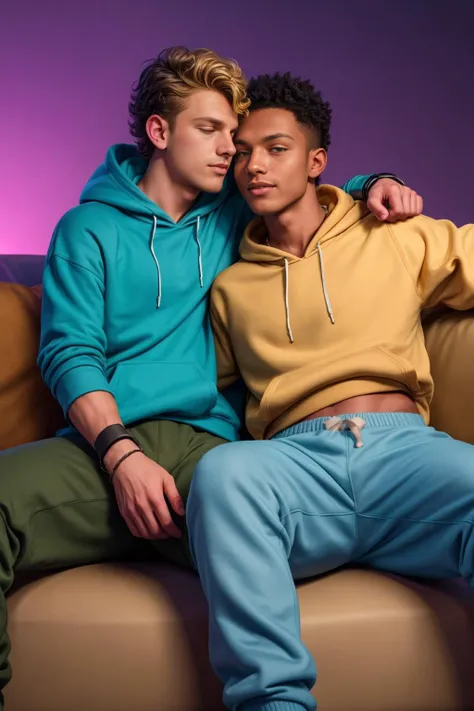 Picture of 2 handsome young straight men on the sofa after a drunken evening. They masturbate through each other's underwear. Aaron is blond, Juan is latin with black hair. They laugh together. They are very beautiful and athletic. Late night. They are boys of working-class origin. They're wearing dirty clothes, they've been drinking beer.