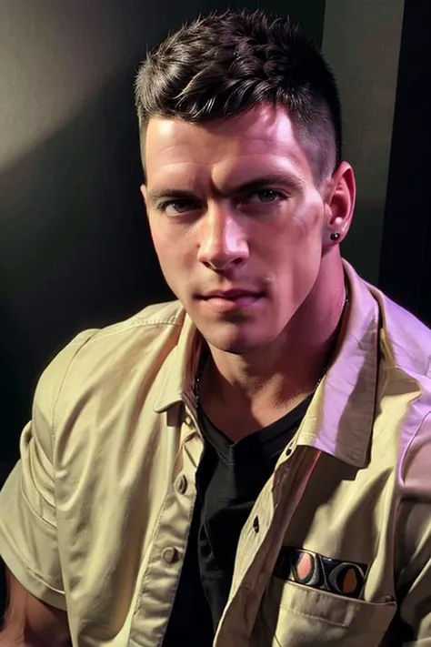 <lora:paddyov15:1> paddyo, professional studio quality modeling headshot, 4K, simple background, dramatic lighting, neutral expression, realistic skin, fine detail, shirt, ultra realistic photograph, professional photograph, by Gucci photographer.