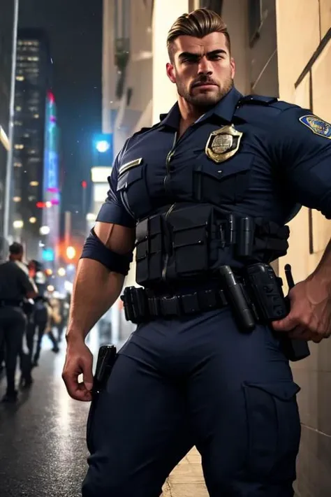 bara, very handsome european strong and manly dark blond bulking bodybuilder with thick muscles with a determined face wearing a very detailed normal police outfit in a crowded city, very dynamic situation, thick outlined bulge,
ultra realistic, concept art, intricate details, highly detailed, photorealistic, octane render, 8k, unreal engine, sharp focus, volumetric lighting unreal engine,