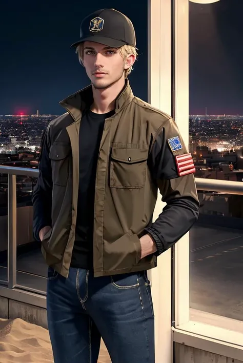 (masterpiece, best quality, high quality, highres, ultra-detailed), city, scenery, night, building, sign, cityscape, pantyhose, skyscraper, street lights,
solo, 1boy, gray eyes, short Crew Cut, sand blonde hair, triangular face, looking at viewer, outdoors, hands in pockets, khaki jacket, black loose jeans, black baseball cap,
AS-Adult, Asian-Less, OverallDetail,