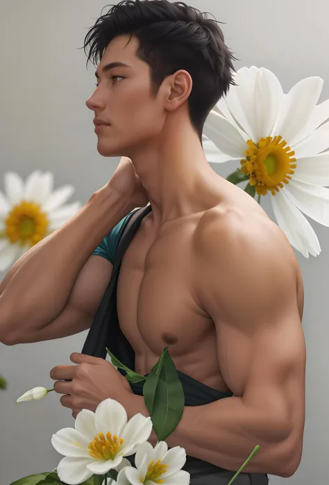 best quality,masterpiece,Ultra high detail,highres,A man,Short black hair,topless,(Flowers on the shoulder),(With flowers in his pants),<lora:Lora-Custom-ModelLiXian:0.4>,realistic,Grey background,Yellow and white flowers,