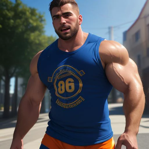 bara, very handsome european strong and manly dark blond bodybuilder with thick muscles with a handsome panting wearing sports shirt outside jogging,  dynamic situation, thick outlined bulge, sweaty,
ultra realistic, concept art, intricate details, highly detailed, photorealistic, octane render, 8k, unreal engine, sharp focus, volumetric lighting unreal engine