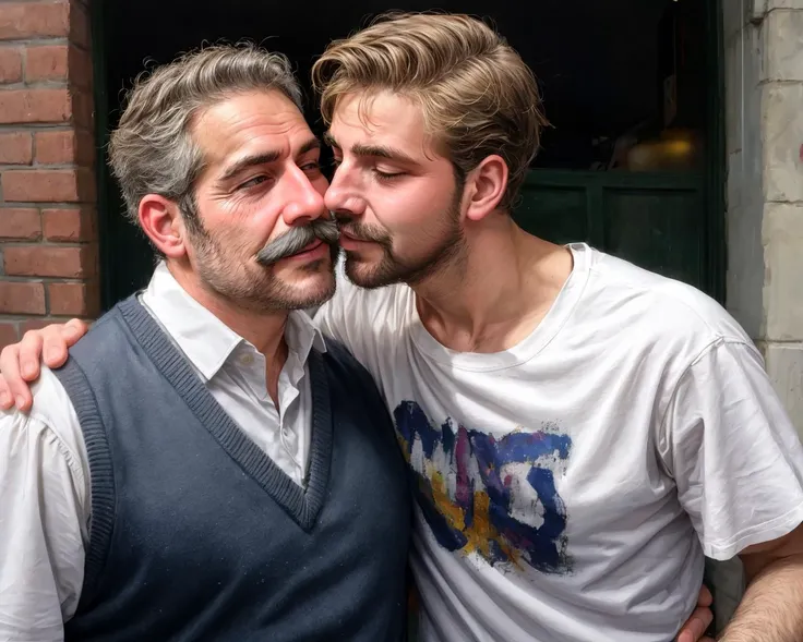 masterpiece, best quality, [oil painting painted by Claude Monet:.4], upper body portrait, male only, 2 guy kissing at the street, outdoor, <lora:flat2:-0.6> BREAK
short [chubby] saddest pathetic italian daddy, (54yo, middle-aged), blushed face, moustache, (hairy), sweater vest, formal pants BREAK
tall irish man, 28yo, short hair, white t-shirt, jeans, sneakers, leaning on the other guy
