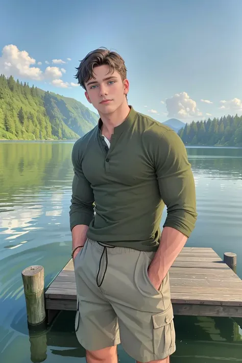 man levi_conely posing in a tranquil lakeside setting with a wooden dock and shimmering water of a serene lake in the background, <lora:levi_conely-06:0.75>, wearing a a soft, heather gray Henley shirt with a three-button collar and rugged olive green cargo shorts, lakeside retreat