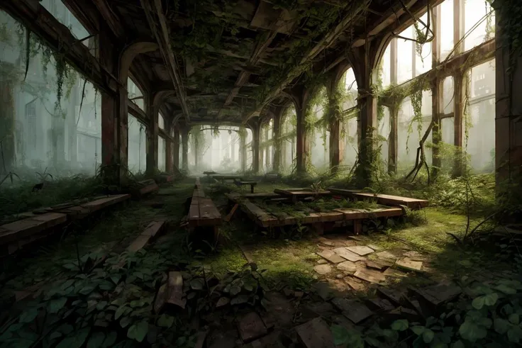 8k, realistic, vray, HDR, 6000K, in a post-apocalyptic overgrown park, weedy flower beds, rusted playground, dried fountain, mossy benches. <lora:PostApocalyptic_v4:0.6> SZ_4po enviroment
<lora:add_detail:1.2>