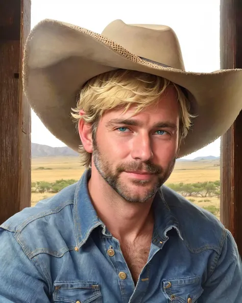 high quality, highres, filmic, (face portrait photographs for a magazine:1.2), hairy 46yo cowboy, (unshaven, short blond hair), blue western shirt, cattleman hat, jeans, boots, (X-E3 ISO400 32mm F10 1/140s:1.2)