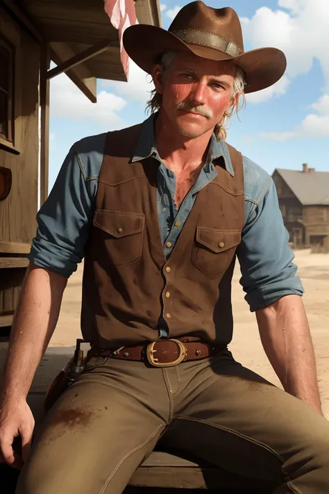 wild west, cowboy, middle-aged, rugged, dirty, sweaty clothes, sweaty skin, stained skin, tan, cowboy outfit, manly, sitting in front of saloon, HDR, 8K, absurdres,