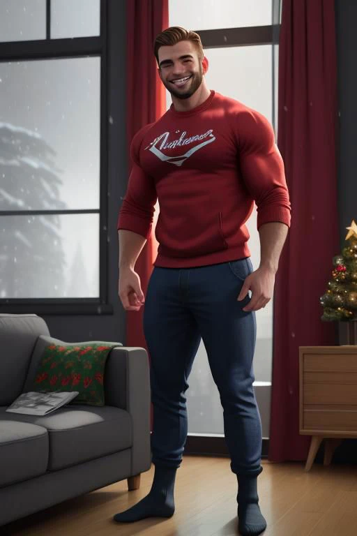 bara, very handsome european strong and manly dark blond bodybuilder with thick muscles with a handsome smile wearing Retro-style sweatshirt at a christmas night in the living room with snow falling outside the window, wearing(socks), dynamic romantic situation,
ultra realistic, concept art, intricate details, highly detailed, photorealistic, octane render, 8k, unreal engine, sharp focus, volumetric lighting unreal engine, (full body),