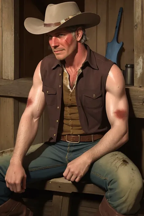 wild west, cowboy, middle-aged, rugged, dirty, sweaty clothes, sweaty skin, stained skin, tan, cowboy outfit, manly, sitting in front of saloon, HDR, 8K, absurdres,