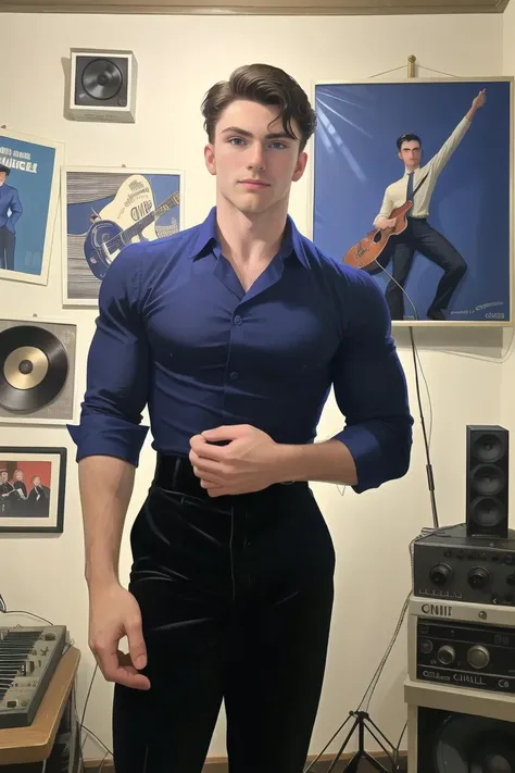 RAW Photo, medium shot of man levi_conely posing in a vintage-inspired recording studio with classic audio equipment and retro posters on the walls, creative atmosphere  <lora:levi_conely-06:1>, wearing a deep royal blue dress shirt and slim-fit black trousers