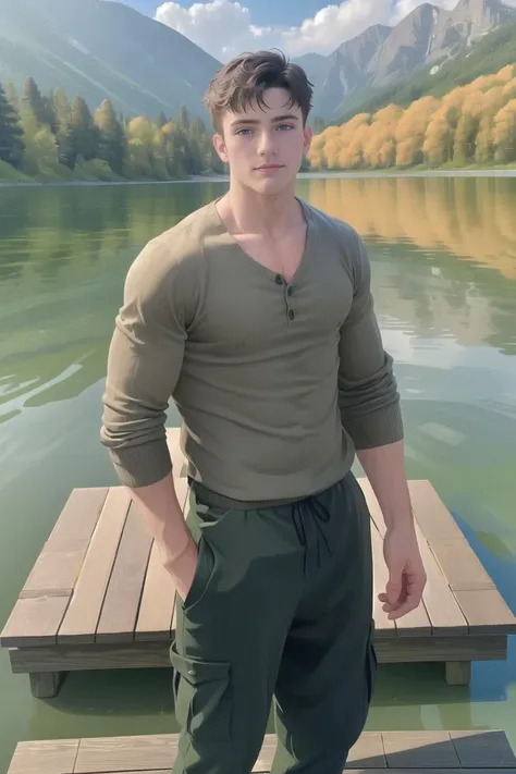 man levi_conely posing in a tranquil lakeside setting with a wooden dock and shimmering water of a serene lake in the background, <lora:levi_conely-06:0.75>, wearing a wears a soft, heather gray Henley shirt with a three-button collar and rugged olive green cargo pants, lakeside retreat