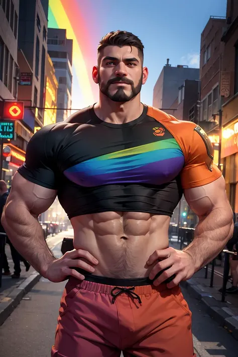 Brimstone, Brimstone /(Valorant/), realistic, best quality, male focus, 1boy, looking at viewer, crop top, rainbow, colorful outfit, casual outfit, masterpiece, facial hair, volumetric lighting, pride parade, city background, bara<lora:BrimstoneValorant-000008:0.8>
