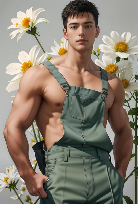 best quality,masterpiece,Ultra high detail,highres,A man,Short black hair,topless,(Flowers on the shoulder),(With flowers in his pants),<lora:Lora-Custom-ModelLiXian:0.4>,realistic,Grey background,Yellow and white flowers,upper body,green overalls,Black eyes,