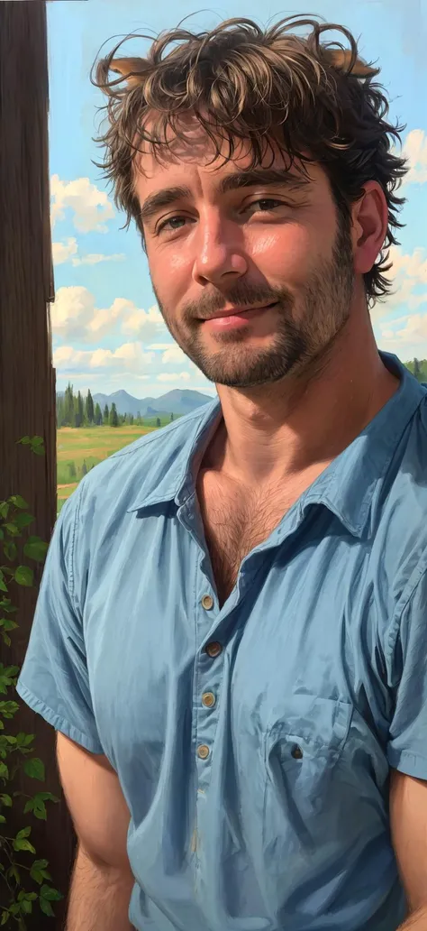 masterpiece, high quality, filmic, [impressionist oil painting;.2], portrait [painted by Claude Monet:.3], a saddest pathetic (cute) dirty sweaty 48yo man with [(realistic natural animal ears:1.2):.2], (with unshaven, short messy hair), blue western shirt, big pecs, outdoor, sunny, (X-E3 ISO400 32mm F10 1/140s:1.2), <lora:flat2:-0.8>
