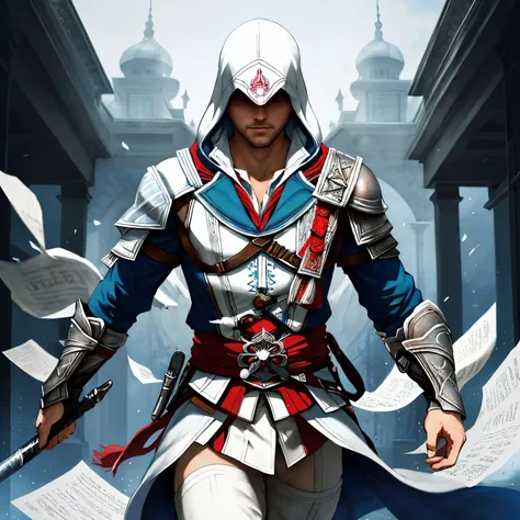 medium full shot male Altair from Assassin's Creed, detailed symmetric beautiful blue eyes, detailed gorgeous face, dynamic pose, splatter drippings, paper texture, pulp Manga, and perfect shading, with dramatic lighting. The artwork should be centered, stylized, and elaborate. rendered in 8K resolution for high-quality detail, artstation, concept art, smooth, sharp focus, illustration, highly detailed, soft natural volumetric cinematic perfect light, intricate artwork masterpiece