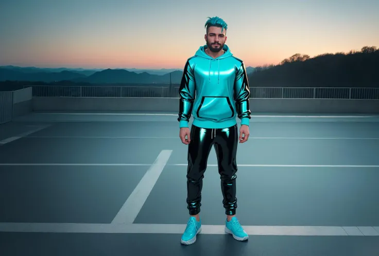 absurdres, dark, ethereal, raw shot of a manly, scruffy, beefy, male, (wearing [turquoise (latex:1.2) shiny sweat pants, turquoise (latex:1.2) shiny hoodie, white sneaker shoes]), ((full body shot)), ((wide angle shot)), landscape, best quality, masterpiece, clear face, detailed face, one men,