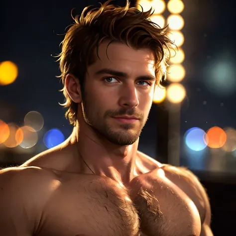 masterpiece, best quality, close-up portait, handsome shirtless scruffy daddy, (bokeh), realistic, dramatic lighting, atmospheric, intricate detail
