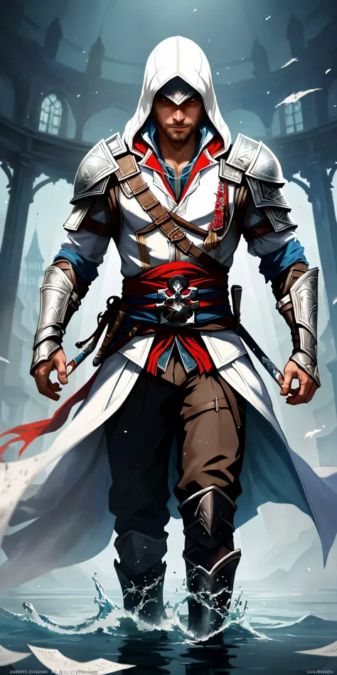 medium full shot male Altair from Assassin's Creed, detailed symmetric beautiful hazel eyes, detailed gorgeous face, dynamic pose, Ink Dropped in water, splatter drippings, paper texture, pulp Manga, and perfect shading, with dramatic lighting. The artwork should be centred, stylized, and elaborate. rendered in 8K resolution for high-quality detail, artstation, concept art, smooth, sharp focus, illustration, highly detailed, soft natural volumetric cinematic perfect light, intricate artwork masterpiece