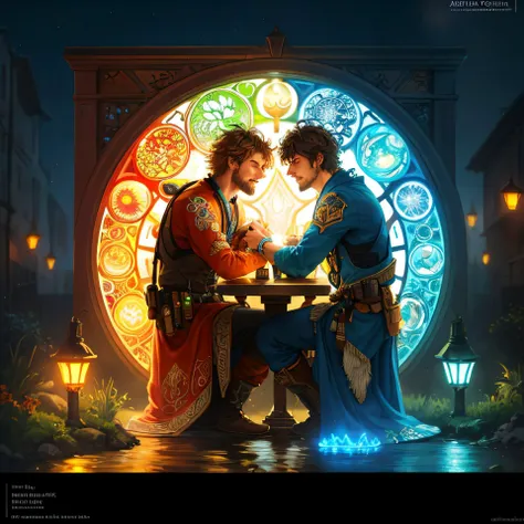 A tender moment between two men, illuminated by the warm glow of a streetlight, messy hair no clothing, happy, Full body, hyperdetailed painting, luminism, concept art, 4k resolution, fractal isometrics details bioluminescence , 3d render, octane render, intricately detailed , cinematic, trending on artstation Isometric Centred hyperrealistic cover photo awesome full color, hand drawn , gritty, realistic mucha , intricate,