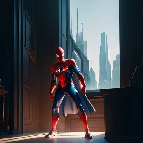 full body shot of spiderman in white and gold armour style suit, no mask on, white cape, looking at center camera, perfect composition, beautiful detailed intricate insanely detailed octane render trending on artstation, 8 k artistic photography, photorealistic concept art, soft natural volumetric cinematic perfect light, chiaroscuro, award - winning photograph, masterpiece, oil on canvas, raphael, caravaggio, greg rutkowski, beeple, beksinski, giger, trending on artstation, sharp focus, studio photo, intricate details, highly detailed, night city background, by greg rutkowski