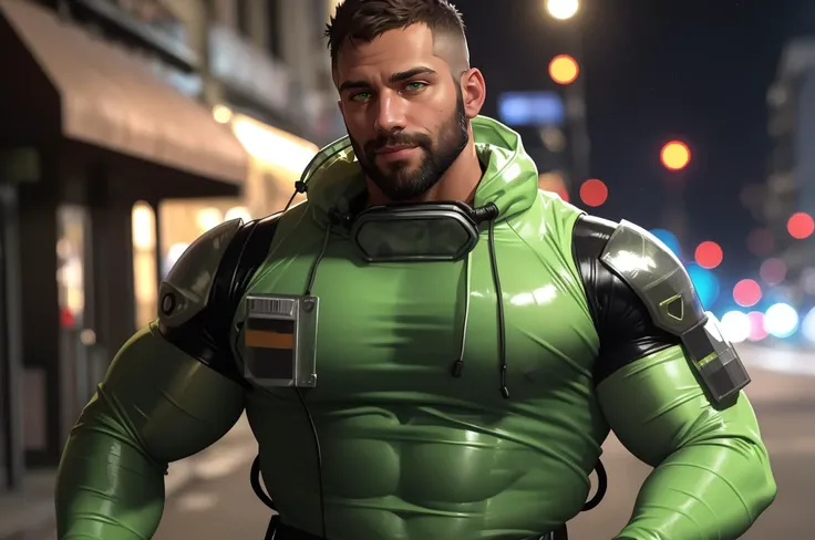 photo of muscular bearded (man) in a worn ((skin-revealing skimpy erotic green hazmat suit, massive hairy pecs)), big pecs, big arms, large bulge, ((light bokeh)), intricate, (steel metal [rust]), elegant, erotic, exuding sexual energy, homoerotic, sharp focus, photo by greg rutkowski, soft lighting, vibrant colors, (masterpiece), ((streets)), (detailed face)