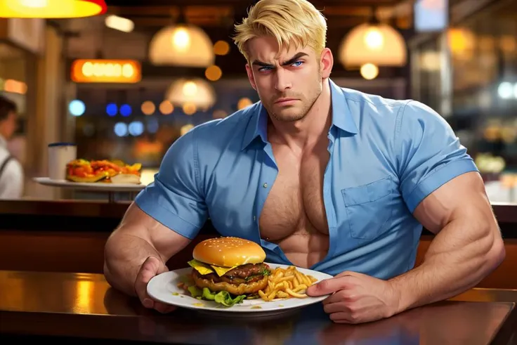 masterpiece, best quality, highres, realistic, medium shot, depth of field, a homoerotic man sitting behind a diner counter looking at viewer with cheeseburger on a plate in front of them, button up shirt, muscular, barechest, pectoral cleavage, handsome masculine face, glossy lips, thick eyebrows, aroused, (frown, angry expression:1.1), raised brows, blond hair, short hair, glowing blue eyes, blurry background, city background