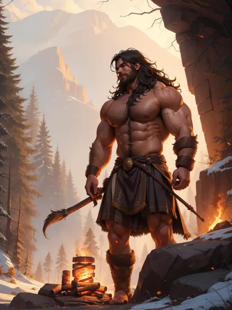 (1boy) (male) ((front view)) ((figure fills frame)) ((facing viewer))
Handsome, very detailed flawless face, detailed open eyes, very handsome, epic, heroic,
(muscular) bodybuilder, ((big muscles)), ((large pectorals)), narrow waist, long hair.
((hairy chest)), ((hair legs)).
Wearing fur loin cloth, carrying a wooden spear.
Emerging from a (dark cave) entrance. It is (night), the only source of light is a campfire out of view to the right.
Highly detailed fantasy art, dramatic volumetric light, artstation, beautiful modern fantasy illustration.
<lora:BulkedUpAIR1.5:0.3>
<lora:snowlight:1>