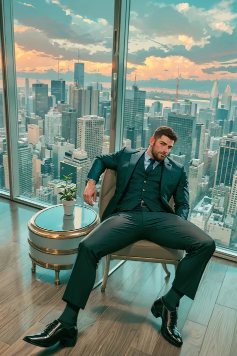 a handsome man sitting in the office,crew cut,business suit,windows,cityscape,full body,mature male,[plump],[chris redfield],