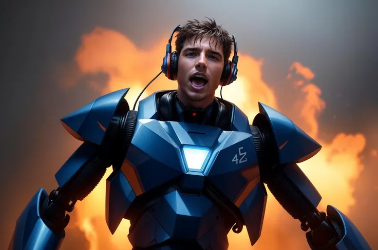 Handsome shirtless man, <lora:add_detail:1>, ive</photo<photograph quality=hd+ mode='hq style =realistic lighting))))) highly detailed professional photo-shot robot with a human face and wearing headphones"by vivid colors screaming at the camera in front of his head on fire " - n 4! photography by annie leibovitz. super realistic!!! shot 8k HD
