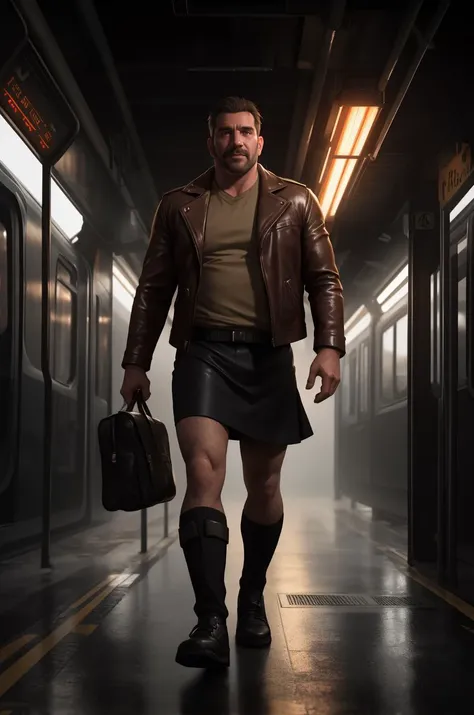 masterpiece, best quality, highres, full body, ((wide angle)) male focus, solo focus, middle-aged man, beefy, burly, hairy, manly face with a large head wearing brown leather jacket and black knee length skirt walking through the city. he is at night on an abandoned train station as it rains to be coming in for his life by Greg Rutkowski! Trending artstation!, cinematic lighting!! 8k