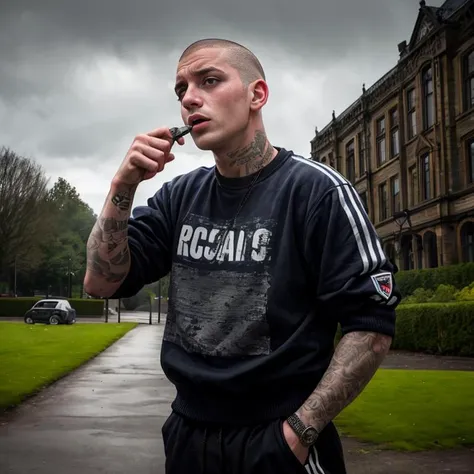 masterpiece, best quality, 1boy, 30 year old, chav, rough, dirty, Mancunian, mean, bully, druggie, skinhead, (park background), realistic, dramatic lighting, atmospheric, intricate detail