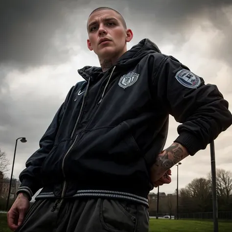 masterpiece, best quality, 1boy, 30 year old, chav, rough, dirty, Mancunian, mean, bully, druggie, skinhead, (park background), realistic, dramatic lighting, atmospheric, intricate detail