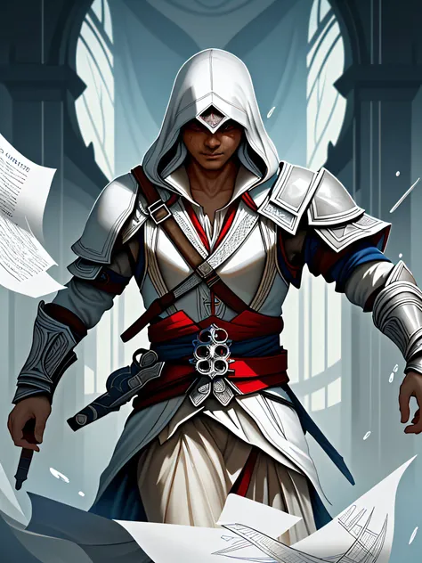 medium full shot male Altair from Assassin's Creed, detailed symmetric beautiful hazel eyes, detailed gorgeous face, dynamic pose, Ink Dropped in water, splatter drippings, paper texture, and perfect shading, with dramatic lighting. The artwork should be centred, stylized, and elaborate. rendered in 8K resolution for high-quality detail, artstation, concept art, smooth, sharp focus, illustration, highly detailed, soft natural volumetric cinematic perfect light, intricate artwork masterpiece