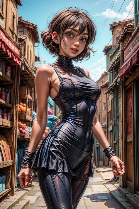 Criar um personagem mulher no estilo pixar, negra, cabelo cacheado, com vestido preto e cabelo cacheado