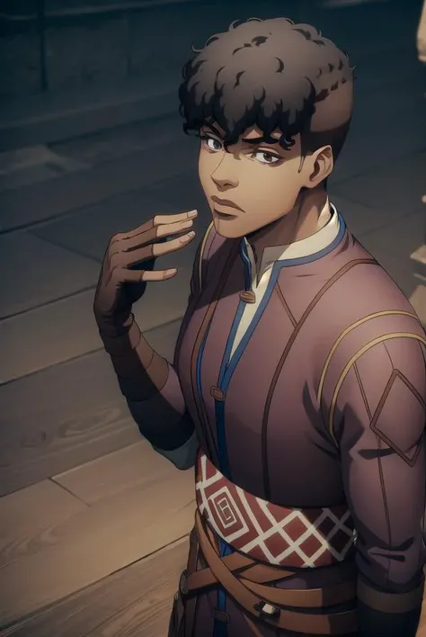 zamfir, <lyco:zamfir-lyco-nochekaiser:1>,
zamfir, black hair, dark skin, dark-skinned male, short hair, (brown eyes:1.4), scar, (scar on face:1.5),
BREAK gloves, boots, belt, fingerless gloves, brown gloves,
BREAK looking at viewer,
BREAK indoors,
BREAK <lyco:GoodHands-beta2:1>, (masterpiece:1.2), best quality, high resolution, unity 8k wallpaper, (illustration:0.8), (beautiful detailed eyes:1.6), extremely detailed face, perfect lighting, extremely detailed CG, (perfect hands, perfect anatomy),