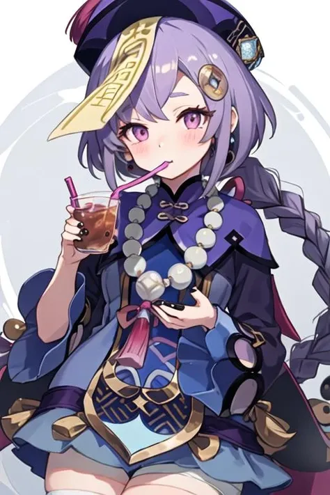 masterpiece, best quality,<lora:qiqi:1>,qiqi (genshin impact), 1girl, drinking straw, solo, hat, qing guanmao, coin hair ornament, hair ornament, jiangshi, purple hair, bead necklace, beads, drinking, ofuda, holding, snowflakes, necklace, purple eyes, bangs, jewelry, long sleeves, hair between eyes, looking at viewer, chibi, drink, long hair, sidelocks, coconut, drinking straw in mouth, milk carton, simple background, sparkling eyes, +_+, symbol-shaped pupils, wide sleeves, chinese clothes, juice box, talisman, can, bendy straw, white background, holding drink
