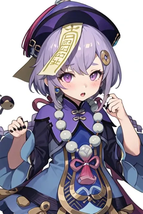 big-haed,chibi,:3,qiqi (genshin impact), hat 1girl, drinking straw, solo, holding, looking at viewer, chibi, drink,coconut, drinking straw in mouth, milk carton, simple background, sparkling eyes, +_+, symbol-shaped pupils, wide sleeves, chinese clothes, juice box, talisman, can, bendy straw, white background, holding drink