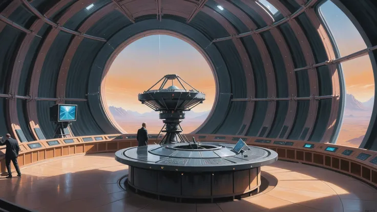fine art digital painting, Atmospheric Control Center \(room\) in a radiotelescope array in a empty fantasy megastructure beyond the end of reality, masterpiece