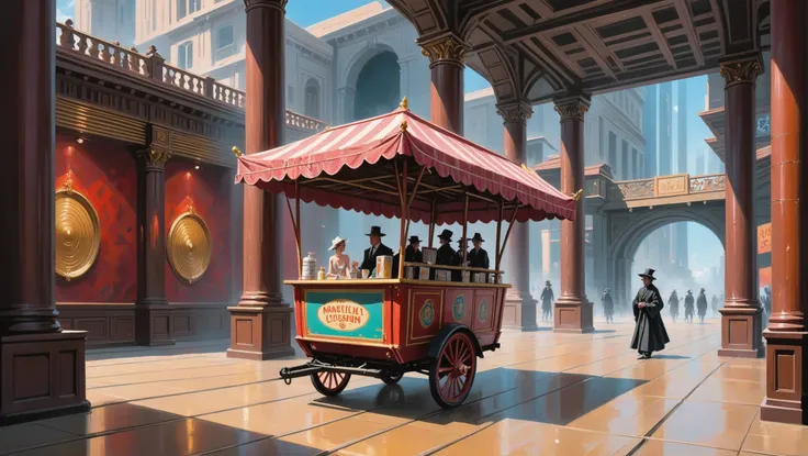 fine art digital painting, noodle cart in a Historic theater lobby in a dingy,far future fantasy sky megacity edge of time, masterpiece, by Paul Chadeisson