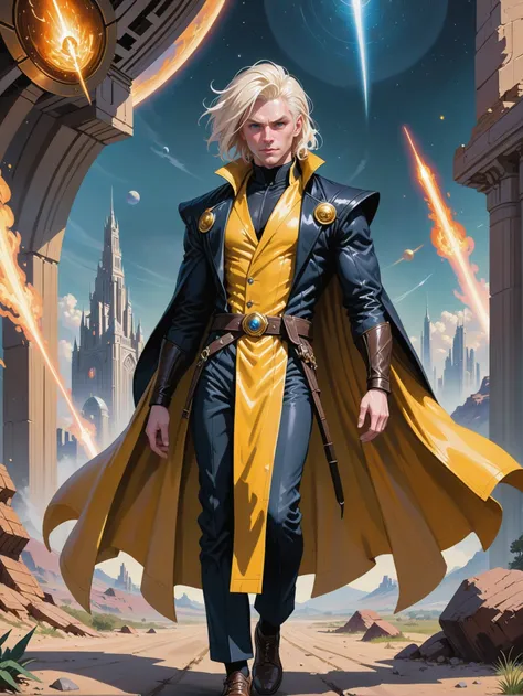 (full body:1.2), 1boy, man, solo, [:outlandish costume design,:0.2] warlock, wizard outfit, trenchcoat, albino, blanchedalmond hair, (muscular:1) build, a cheerful scifi hillside arcology beyond the beginning of the multiverse, masterpiece<lora:EnvyBetterHiresFixXL01:0@0,0@.49,1@.5:hr=1>